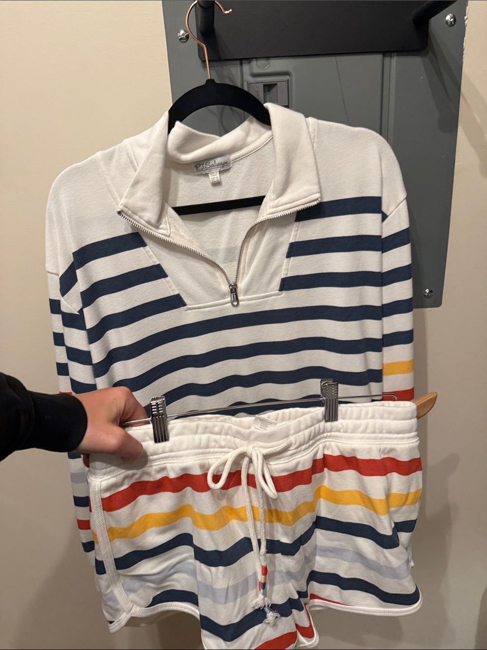 P.J. Salvage Women's White & Navy Striped Half-Zip Sweater and short set
